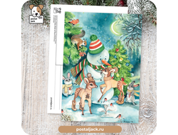 Почтовая открытка для посткроссинга: Снеговик собирает друзей