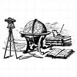 Винтажный штамп стол путешественника - блокнот для записей, астролябия, перо в чернильнице, книги