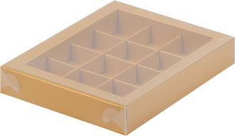 Коробка на 12 конфет с прозр. кр. (мат. золото), 190*150*30мм