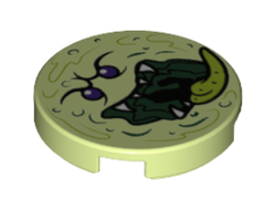 Tile, Round 2 x 2 with Bottom Stud Holder with Ghost Face with Dark Purple Eyes, Dark Green Open Mouth, White Sharp Teeth, and Lime Tongue Pattern, Yellowish Green (14769pb051 / 6116776)