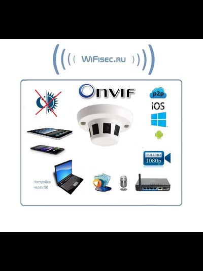 Видеоняня/Охранная IP WiFi-LAN видеокамера с аудиоканалом (корпус датчика дыма), DVR. Full HD (CamHi)