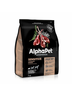 AlphaPet (АльфаПет) Superpremium сухой корм для взрослых собак мелких пород с чувствительным пищеварением с ягненком и рисом, 7 кг