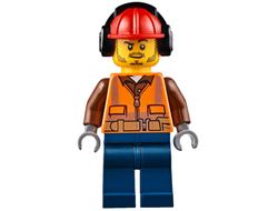 Fire - Male, Orange Safety Vest, Reflective Stripes, Reddish Brown Shirt, Dark Blue Legs, Red Construction Helmet with Black Ear Protectors / Headphones, Stubble, n/a (cty0653)