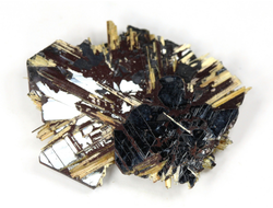 Редкость! Рутил свободного роста, сростки "звезды" золотистых игольчатых кристаллов на кристаллах гематита, Бразилия (25*20*4 мм, 3,3 г) №37916