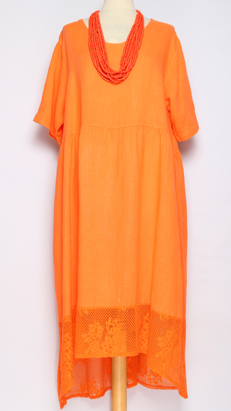 ПЛАТЬЕ БОХО ЛЬНЯНОЕ " АЖУРНОЕ КРУЖЕВО" фуксия, оранж, св.бежевое, желтое до р.54