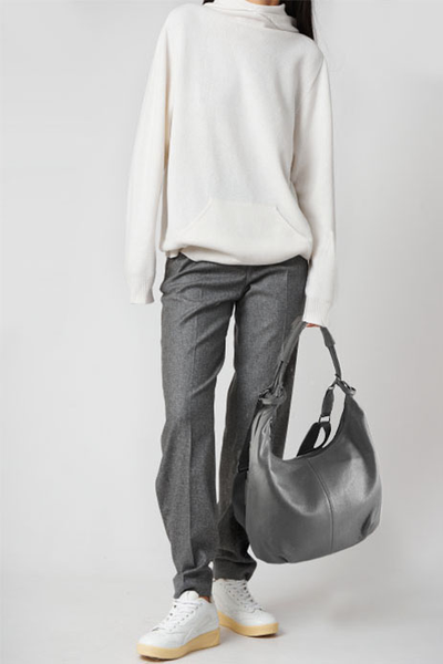 (АРТИКУЛ: 9429) СУМКА МЕШОК, БОЛЬШАЯ, НАТУРАЛЬНАЯ КОЖА, СЕРАЯ, ЧЕРЕЗ ПЛЕЧО, С ТЕКСТИЛЬНЫМ РЕМНЕМ