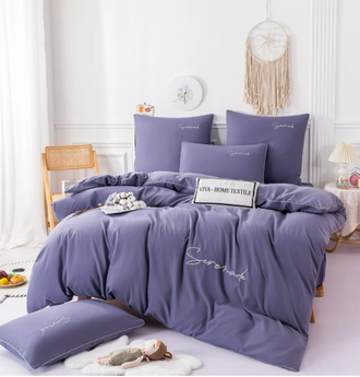 Однотонный сатин постельное белье на резинке с вышивкой цвет светло фиолетовый (двуспальное) CHR051