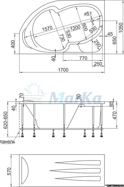 Ванна акриловая 1,7*1,05 Марка1 ДИАНА (каркас+панель)