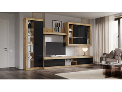 Композиция гостиной ПРАГА Дуб Вотан/Черный глянец