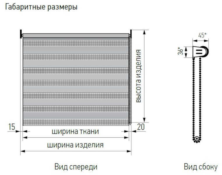 Габаритные размеры рулонных штор Мини День-Ночь (Зебра)