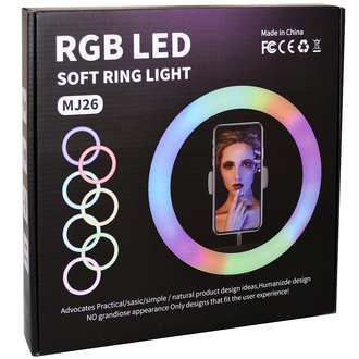 Кольцевая лампа RGB (26см) полноцветная + держатель для телефона + штатив студийный (210см)