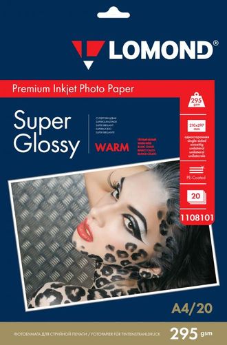 Суперглянцевая тепло-белая (Super Glossy Warm) микропористая фотобумага Lomond для струйной печати, A4, 295 г/м2, 20 листов.