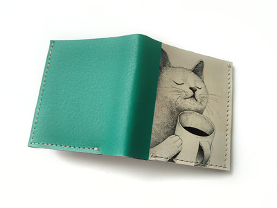 Портмоне компактный бифолд без монетницы с принтом "Котик с чашкой"