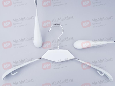 AM010W (SHL010W) Вешалка металлическая с прорезиновыми плечиками и с деревянной вставкой цвет: белый