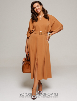 Модель: 6135-1.Женское платье из струящейся ткани цвета кэмел.