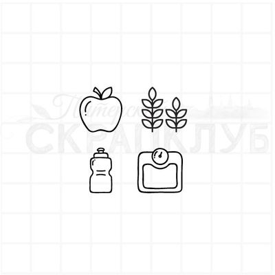 Штамп с набором  значков - яблоко, зелень, питье, весы