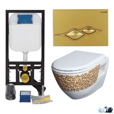 Унитаз CREAVIT Terra Gold Flowers TP325.001D0 c инсталляцией - комплект с сиденьем микролифт, клавишей Ufo Gold (TP325-11CB00E-CA00+GR5003.01+GP1006.00 + KC0103.03.0000E)