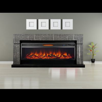 Линейный электрокамин Lindos SFT серый мрамор с очагом Vision 60 LOG LED