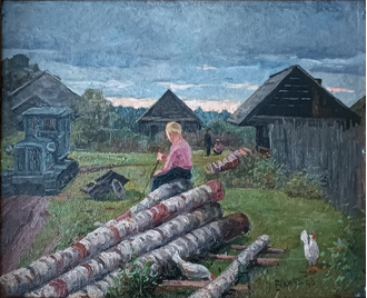 "Деревенский пейзаж" картон масло Самошкин В.И. 1998 год