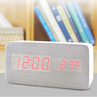 Часы-будильник Прямоугольник 15см с термометром белое дерево красные цифры зв. активация