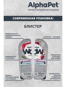 AlphaPet (АльфаПет) WOW Superpremium влажный корм (пауч) для кошек с чувствительным пищеварением утка с потрошками в соусе, 80 г