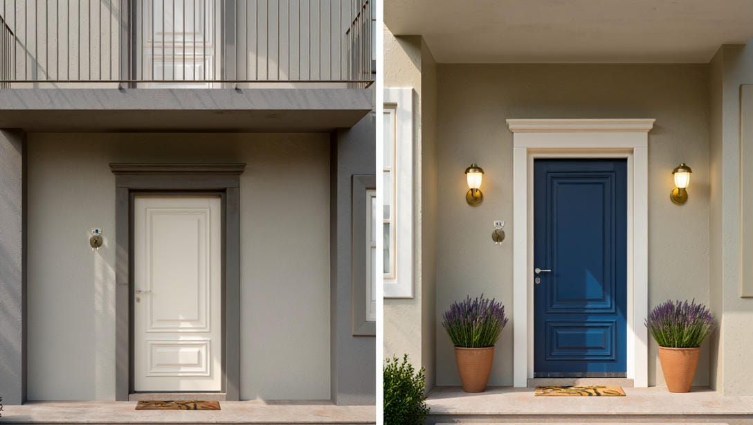 Диптих: слева &mdash; нейтральный фасад с обычной дверью и пустым балконом; справа &mdash; тот же фасад после
