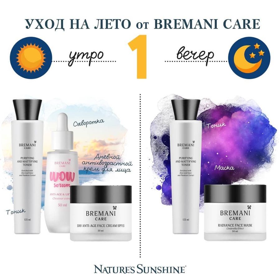 Первый вариант летнего ухода косметикой Bremani Care компании NSP.