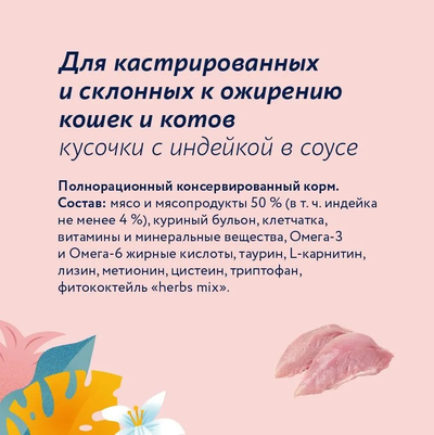 Florida (Флорида) влажный корм (пауч) для кастрированных и склонных к ожирению кошек и котов, индейка в соусе 85 г