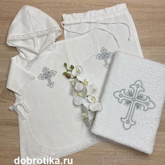 Тёплый набор "Светлое Таинство": рубашка, махровое полотенце 70х140 см., мешочек для хранения, можно вышить имя
