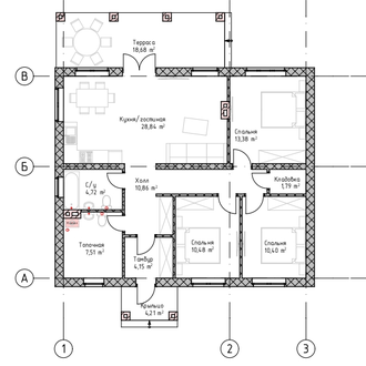 Одноэтажный дом с тремя спальнями 92м² (S35)