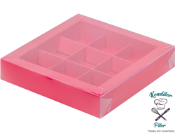 Коробка на 9 конфет с пластиковой крышкой 155*155*30 мм, красная матовая