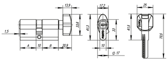 Цилиндровый Punto (Пунто) механизм с вертушкой Z402/60 mm (25+10+25) CP хром 5 кл.