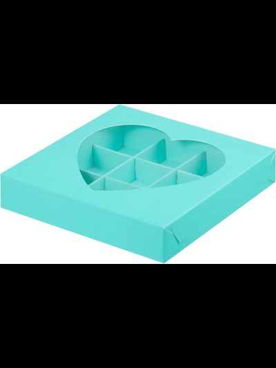 Коробка для 9 конфет с окном &quot;Сердце&quot; (бирюза), 160*160*30мм