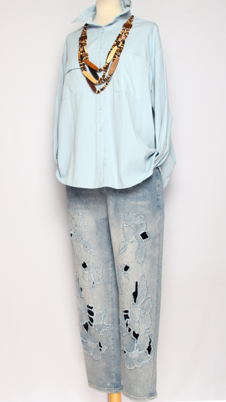 Джинсы "Стразы ажурные" голубые р.32-42 (от 48 до 58)