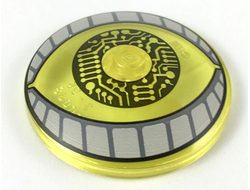 Dish 4 x 4 Inverted Radar with Solid Stud with Brother Eye White Eyelids with Dark Bluish Gray Stripes, Black Circuitry Iris Pattern, Trans-Yellow (3960pb059 / 6237219)