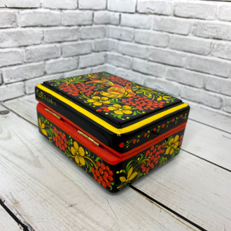 Шкатулка для украшений Птица с рябиной 90*70 мм деревянная с росписью Хохлома