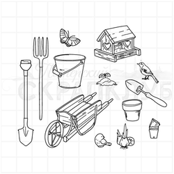 Штамп ведро, лопата, вилы, рассада, тачка, кормушка