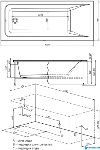 Акриловая ванна Aquanet Bright 175x75 с каркасом