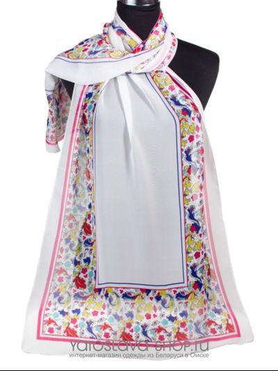 20184-2. Шифоновый шарф белый с цветочной каймой.