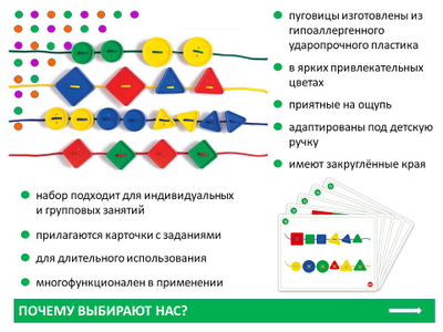 Шнуровка "Пуговицы" (3 формы, 2 размера, 4 цвета, 48 шт., 4 шнурка, 10 карточек).