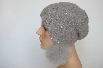 Лиловая вязаная шапка ушанка с помпонами Vizio Италия 6442 РР 66