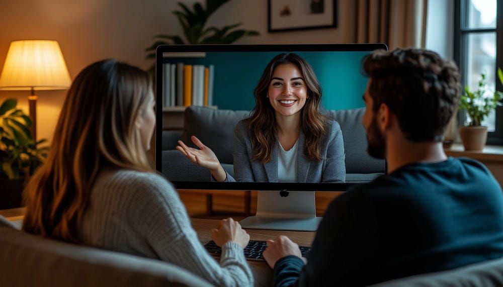 Психолог на экране беседует с семьей, сидящей в гостиной