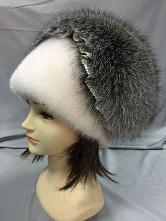 Женская шапка Ирокез Лилия из натурального меха норки и лисы, зимняя, белый жемчуг Арт. цх-0122