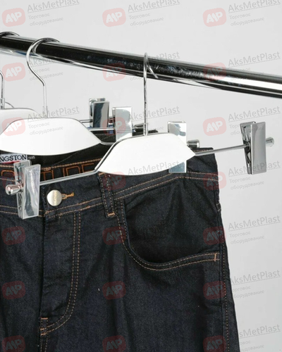 AM030W (SHL030W) Вешалка металлическая с зажимами для брюк и юбок с деревянной вставкой цвет: белый