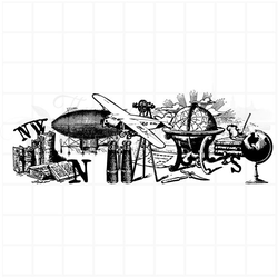 Винтажный штамп - глобус, бинокль, карты, самолет, дирижабль