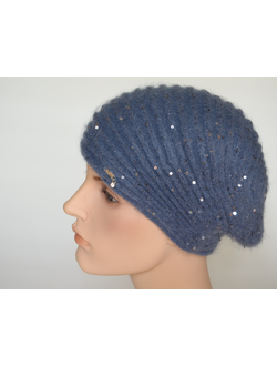 Голубой берет вязаный полосами с пайетками Vizio Италия 6942