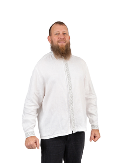 Деловая сорочка "Здрава" белый лён/серая вышивка