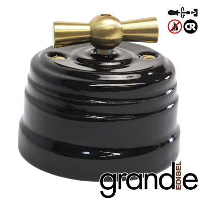 керамический ретро выключатель двухклавишный черный Grande с латунной ручкой