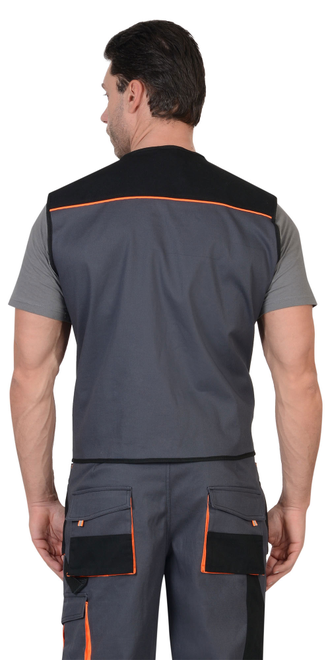 Жилет "СИРИУС-МАНХЕТТЕН" т.серый с оранж. и черным тк. мех. стрейч пл. 250 г/кв.м