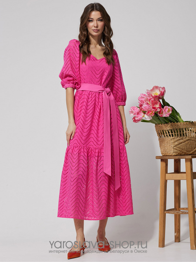 Нарядное платье с воланом из хлопка, ткань-шитьё малинового цвета